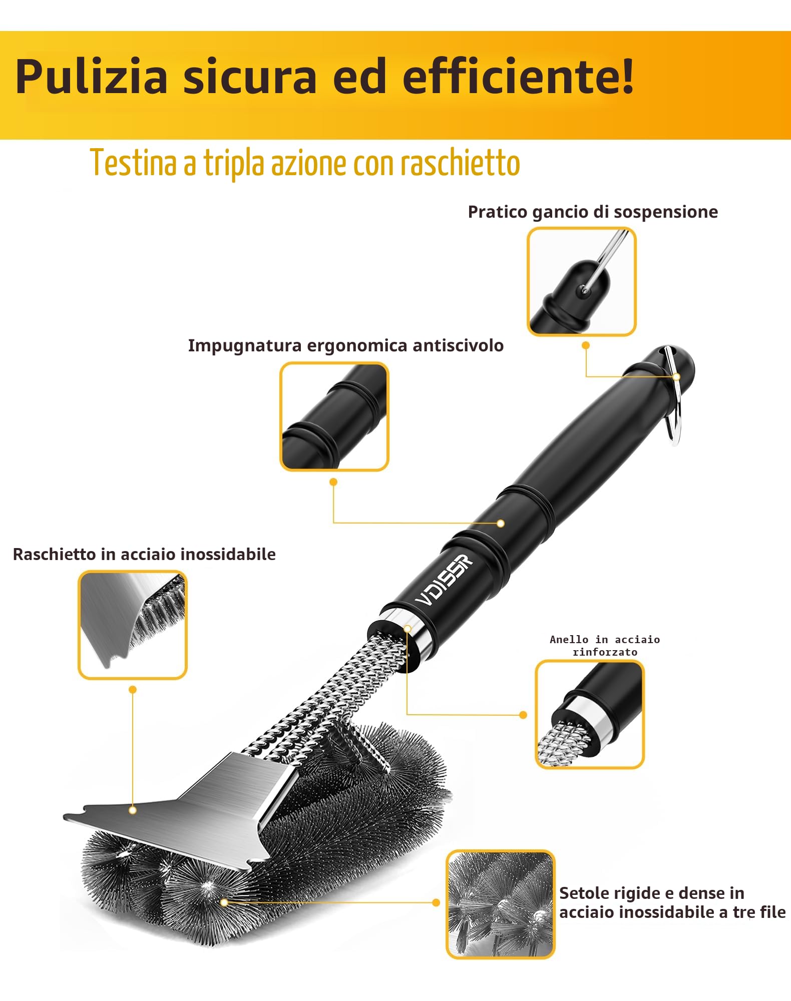 Spazzola Barbecue Acciaio Inox con Raschietto, Pulizia 360°, Manico Isolante Termico Extra Lungo