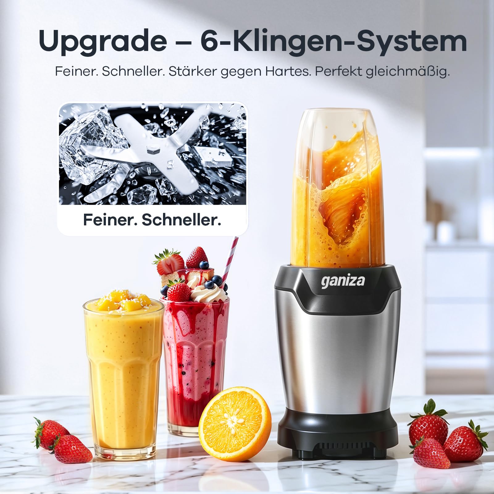 Ganiza Mixer, 1300W Smoothie Maker, Standmixer mit 3 Tragbare Mixbechern(2×1100ml & 1×660ml), Sechsklinge aus Edelstahl, BPA-Frei, Leicht zu Reinigen, Blender elektrisch für Milchshakes, Eis-Crush