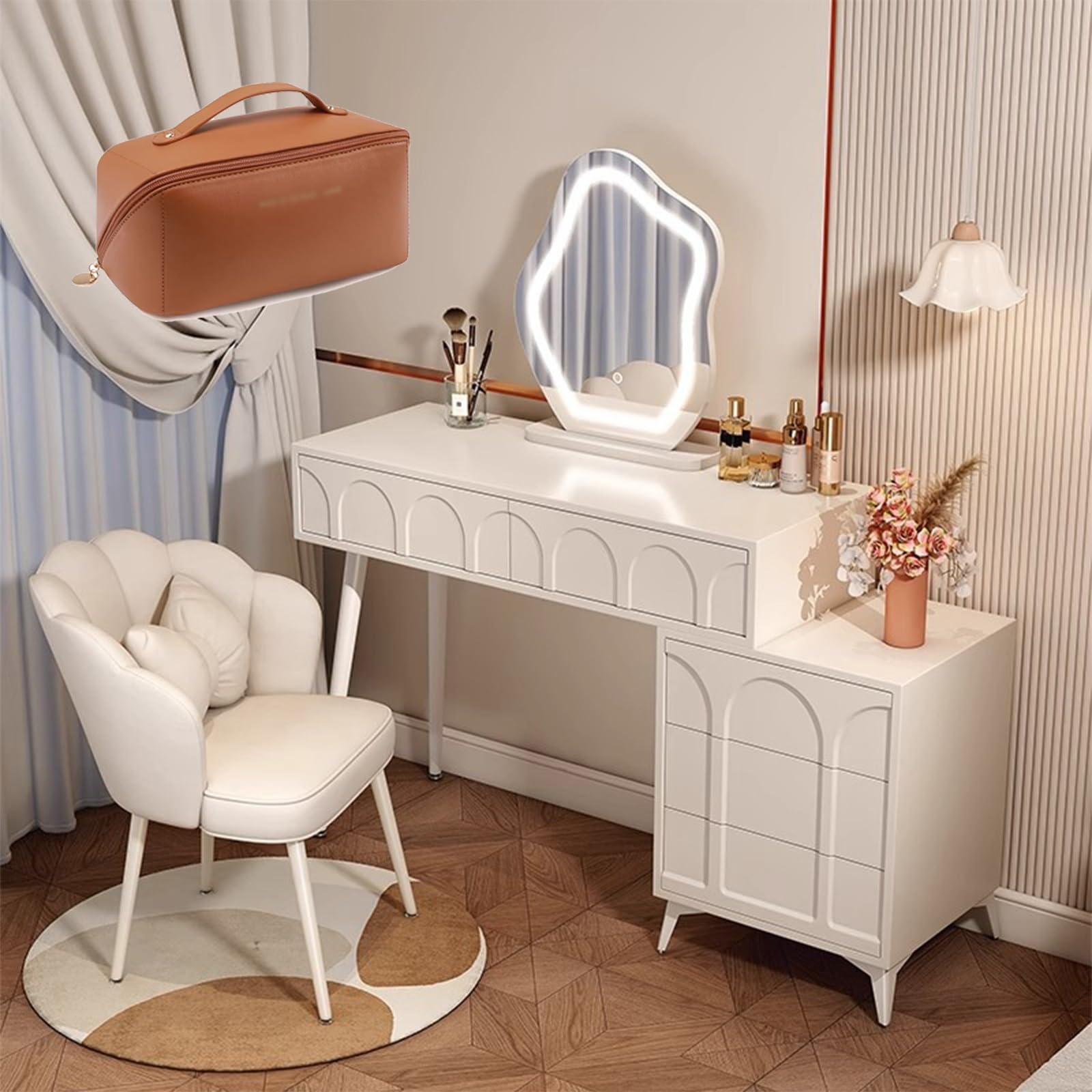 asdchZen Modern Led Vanity Desk With Mirror & 5 Drawers Stylish Makeup Table For Bedroom 80Cm Spacious Storage Solution With Lights-Perfect Dressing Station