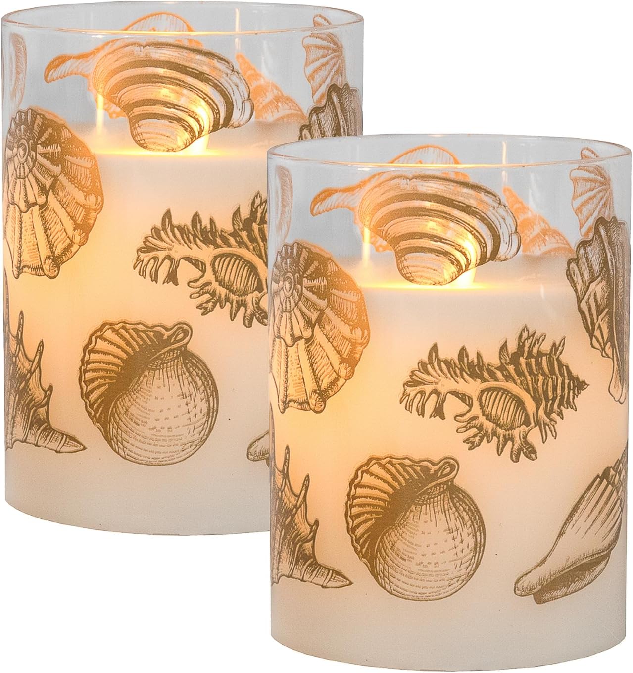 LumaBase Battery Operated LED Glass Candles with Flickering Flame, Seashells - Set of 2