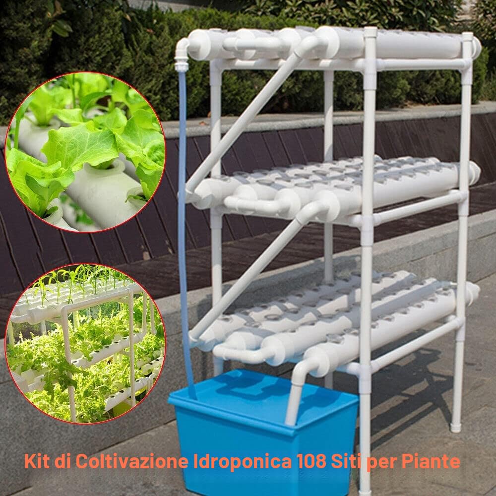Kit Sistema di Coltivazione Idroponica a 3 Livelli 108 Posti per Ortaggi Kit di Coltivazione Idroponica Sistema di Coltivazione Senza Suolo in PVC Kit Idroponici per Ortaggi a Foglia.