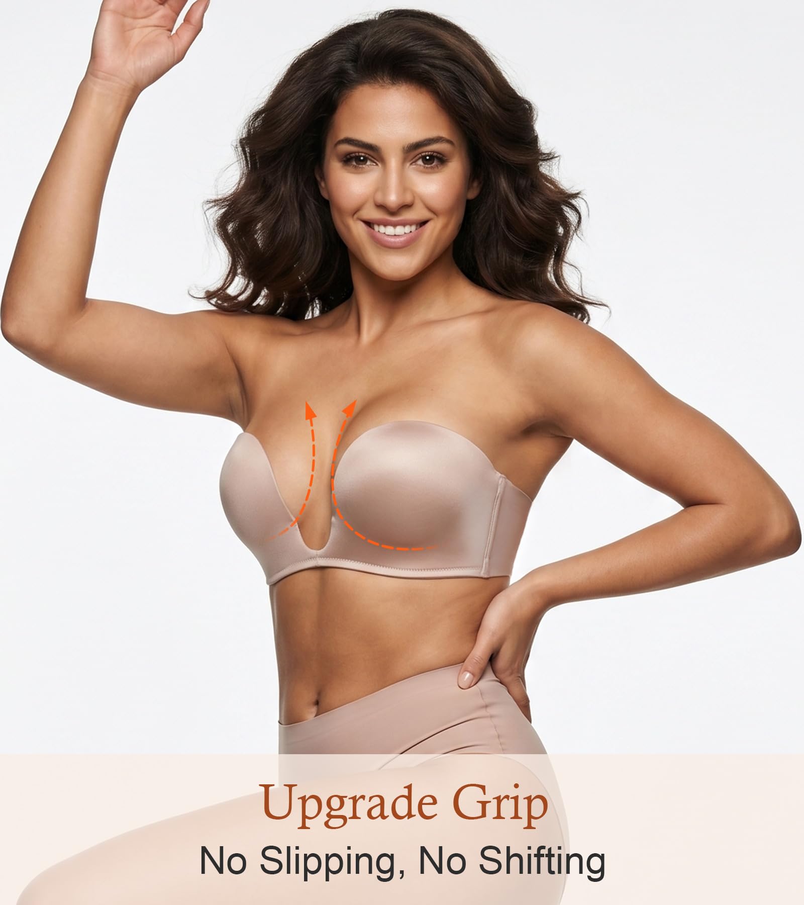 Lemorosy Soutien-gorge rembourré convertible push-up sans bretelles pour femme avec décolleté plongeant en V profond Rouge, nude, 95 B (Taille Fabricant:36B)