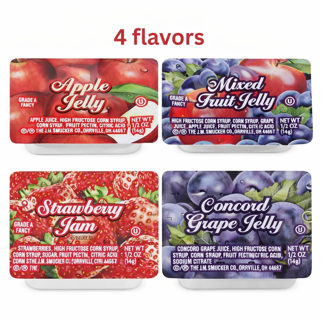 Assorted Jelly & Jam Cups Variety Pack, 0.5 oz Single Serve Portions – Apple, Grape, Strawberry Jam & Mixed Fruit Jelly – 60 Count Individual Mini Cups for Breakfast, Hotels, Restaurants, Lunchboxes & Catering