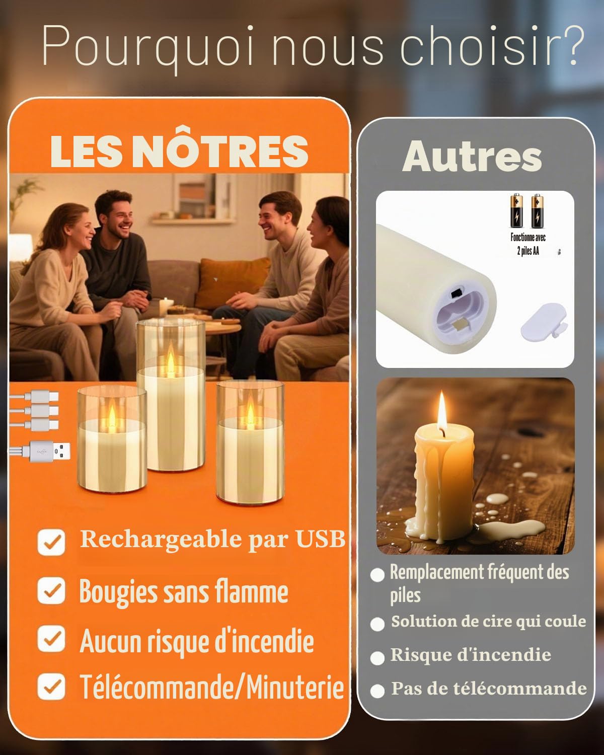Bougies LED sans flamme télécommandées, rechargeables, bougies piliers en verre avec télécommande et fonction minuterie, flamme saute pour fêtes, mariages (autonomie 200 h) (Or)