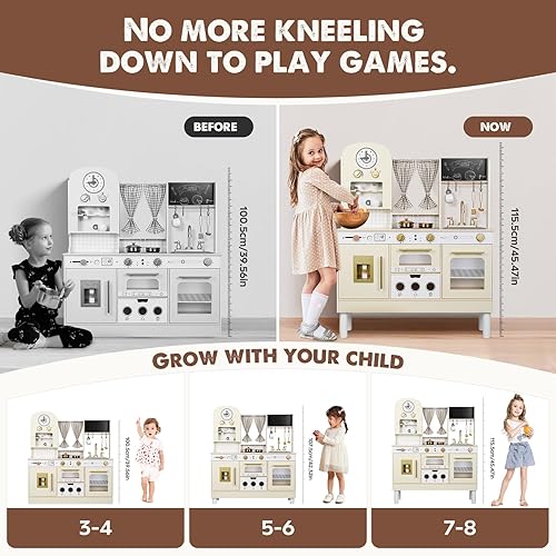 Miniatura 4 de Juego de cocina blanco de madera para niños con altura ajustable + juguetes de cortar alimentos - Juego de juego de simulación 3 en 1 para edades de