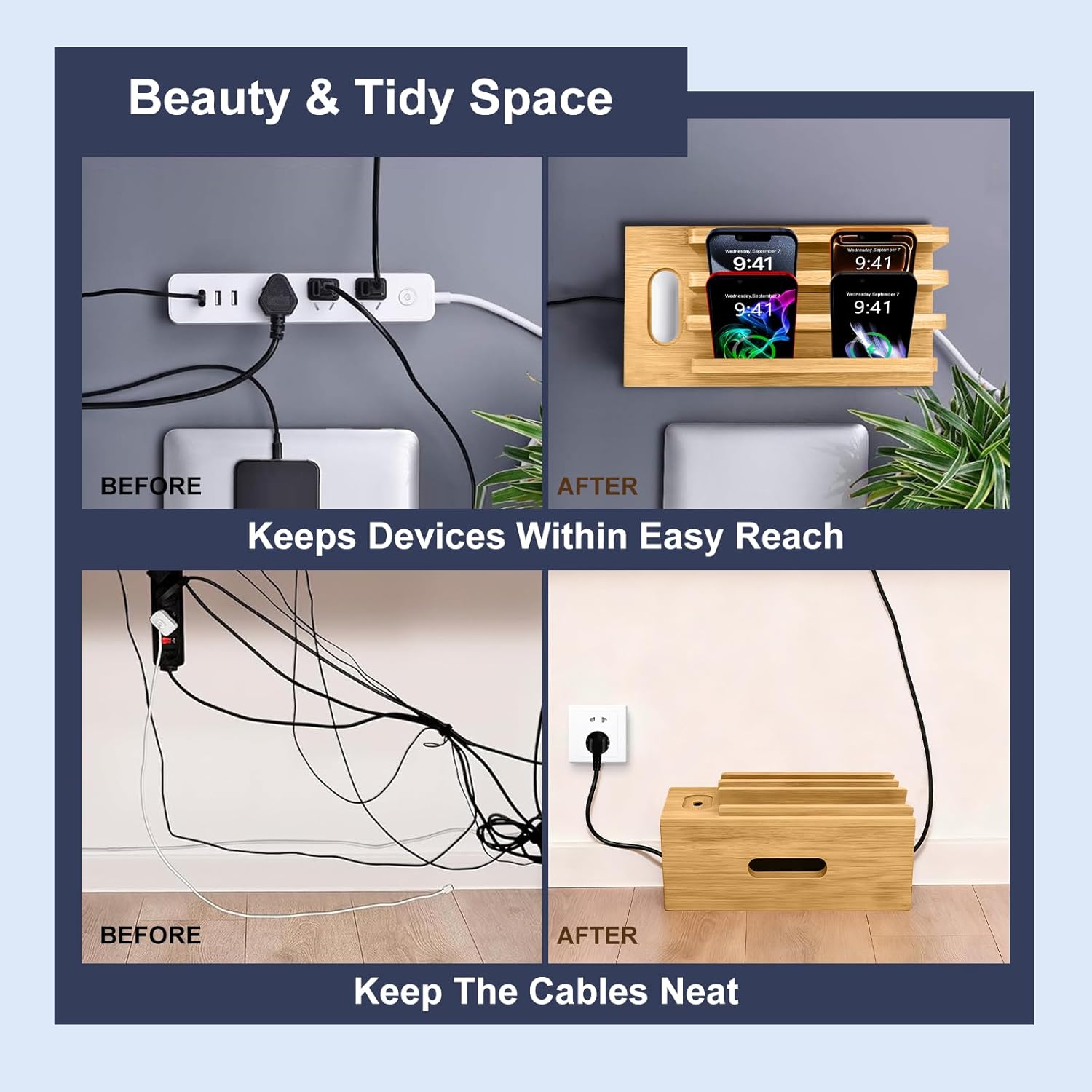 Bamboo Charging Station for Multiple Devices, Cable Management Box for Power Strip, USB Charger & USB Charging Hub/Station, Wood Docking Station Desktop Organizer Bedside Table Organizer