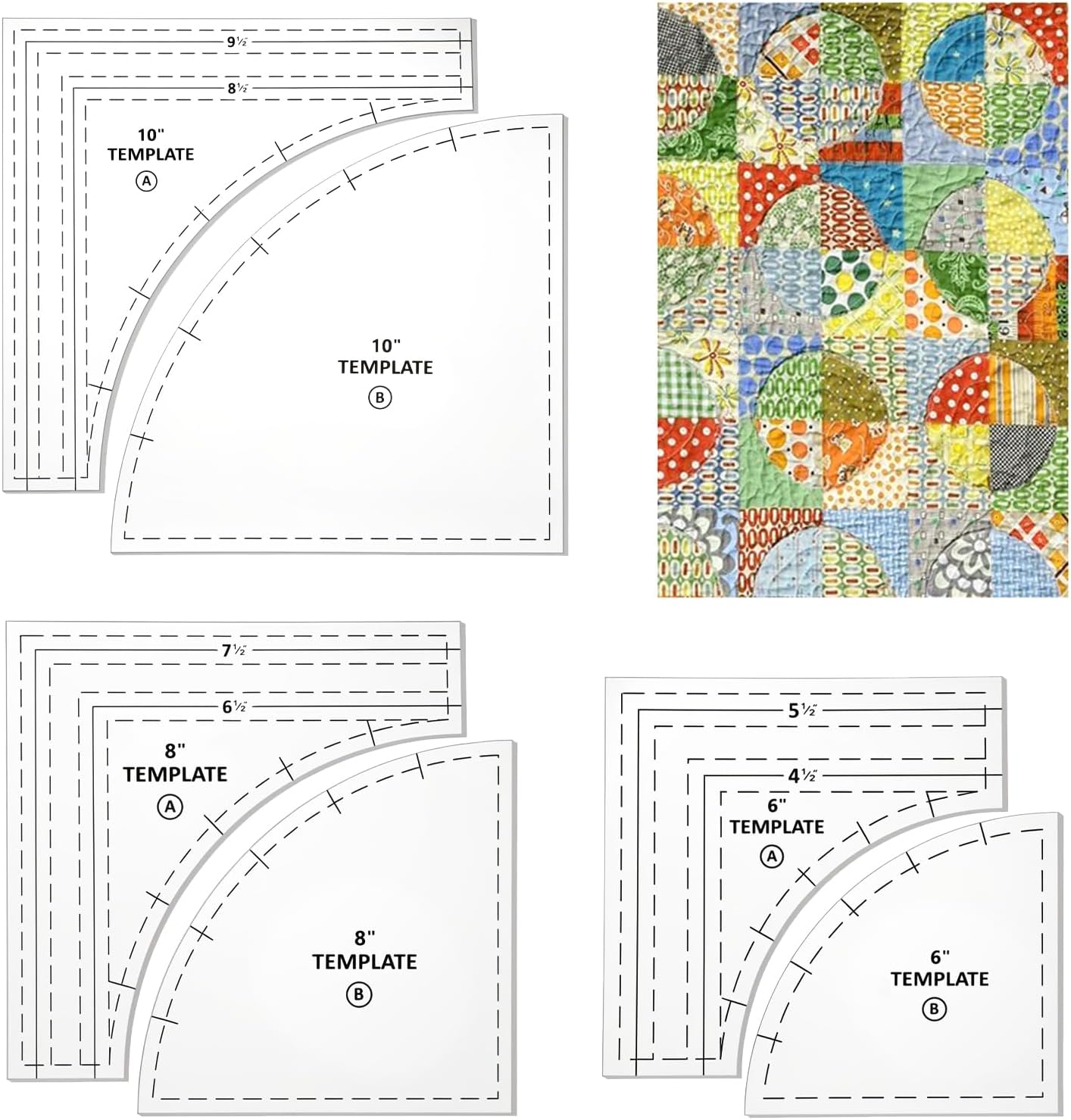 3 Set Quilting Templates, 10/8/6 Inch Clear Acrylic Quilting Rulers and Templates for Cutting Patterns with Quarter-Circle Sewing Template for DIY Craft, Sewing