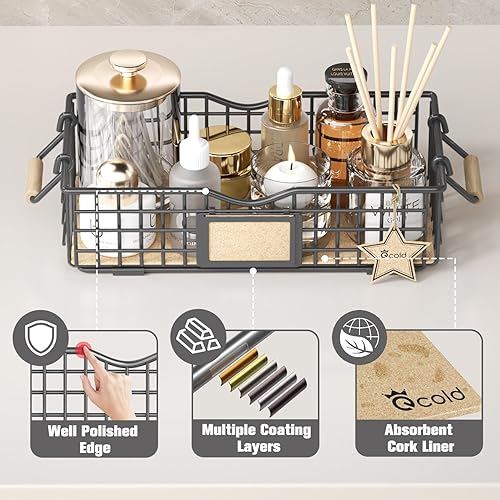 Miniatura 4 de Qcold Cesta de alambre de metal, cesta de baño para organizar, organizador de mostrador de baño con asas de madera, bandeja de decoración de baño de