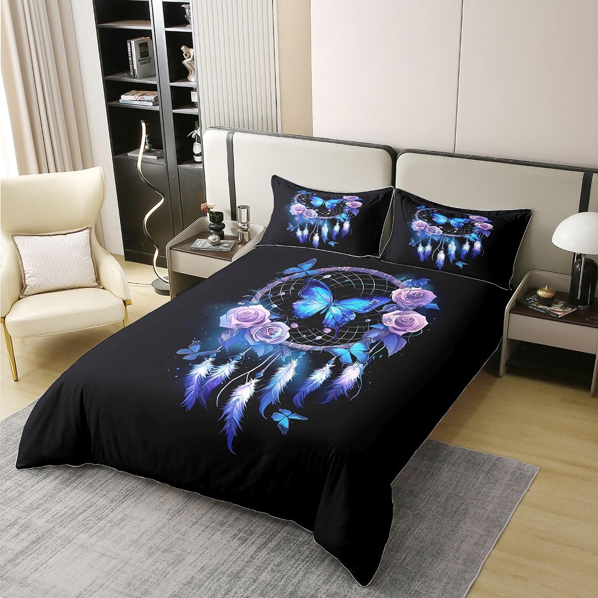 Homewish Schmetterling Traumfänger Bettwäsche 135x200 Baumwolle Boho Traumfänger Bettwäsche Set Lila Rose Bettbezug Fantasie Verträumt Bettset Schlafzimmer Dekor