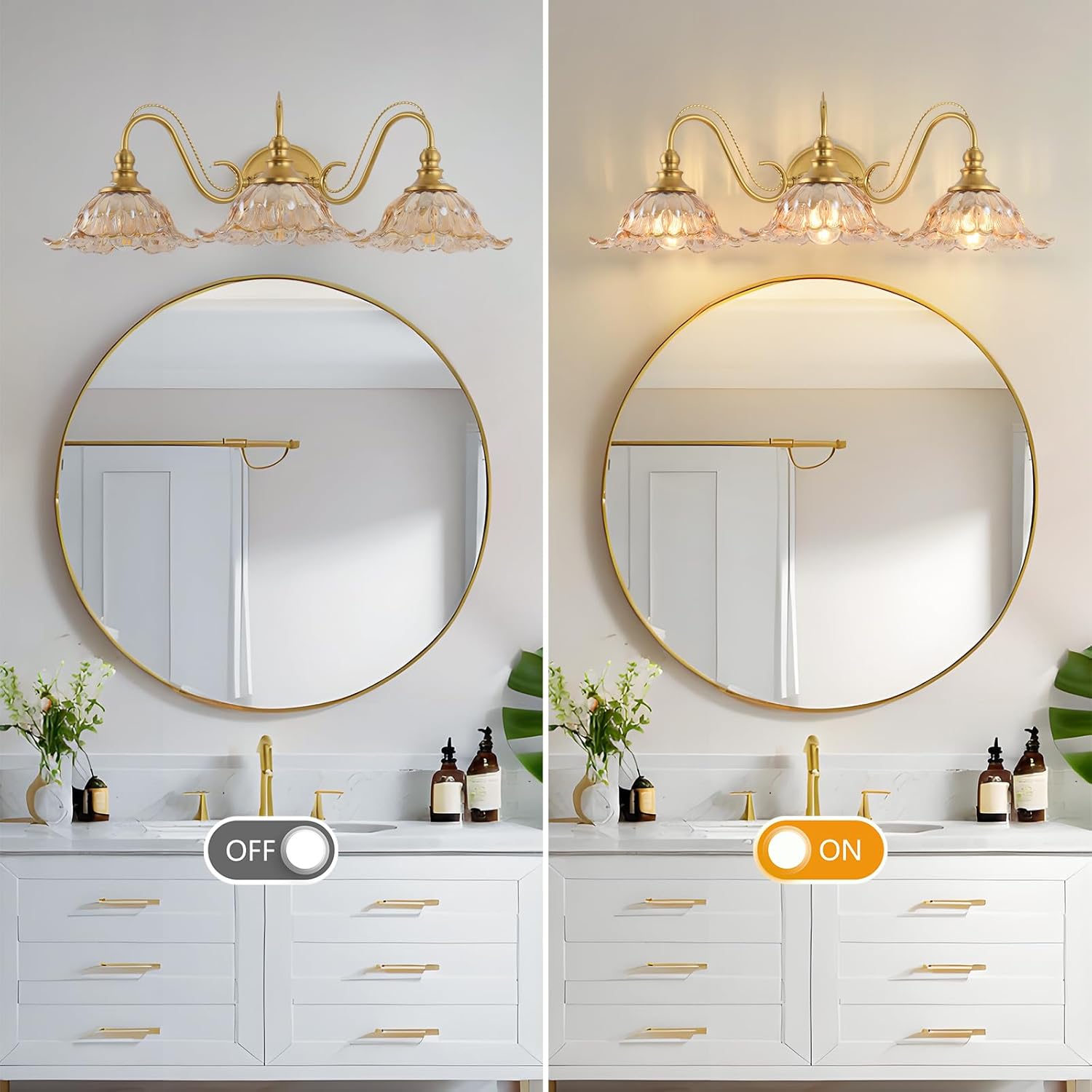 Vintage Bathroom Vanity Light Fixture, 3-Light Antique Matte Brass Finish with Amber Flower-Shaped Glass Shades, E26 Base, 25.2 Inch Vanity Light Bathroom Lighting Fixtures Over Mirror