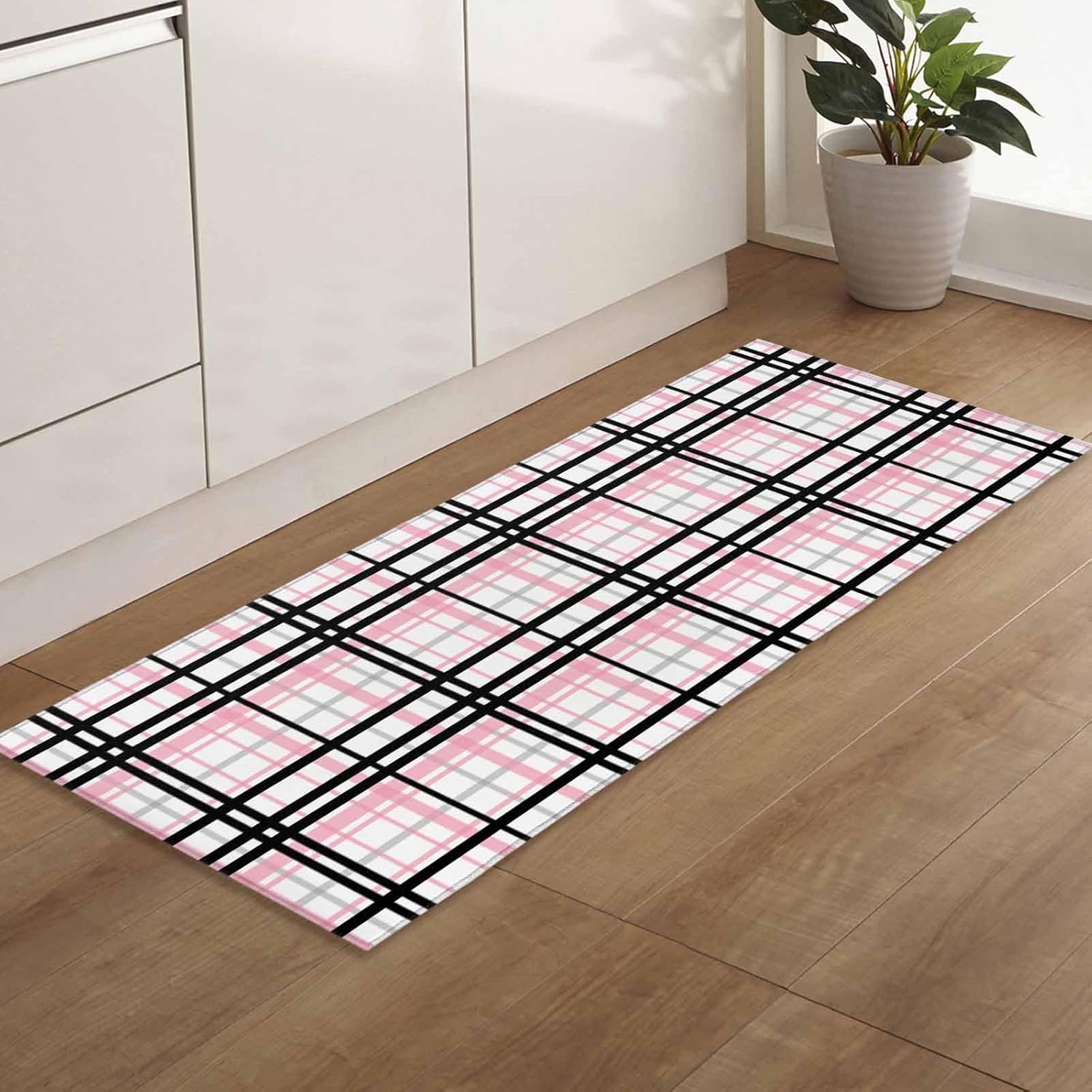 Plaid Kitchen Rugs 2Pcs Abstract Stripes Pink Black Grey Plaid Waterproof Non Slip Kitchen Mats and Rugs Cushioned Standing Floor Mats Kitchen Carpet for Office Sink Laundry 23.6x35.4in+23.6x70.9in