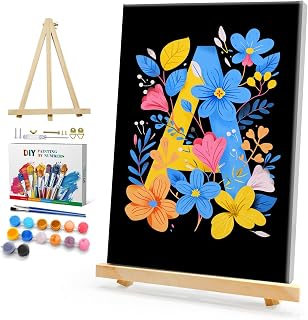 HeeBenor Easy Paint by Numbers Kit for Adults Beginner with Frame, DIY Letter Paint by Number with Easel, Adult Paint by Number Kits on Canvas Framed 8x12 Inch for Home Decor, A