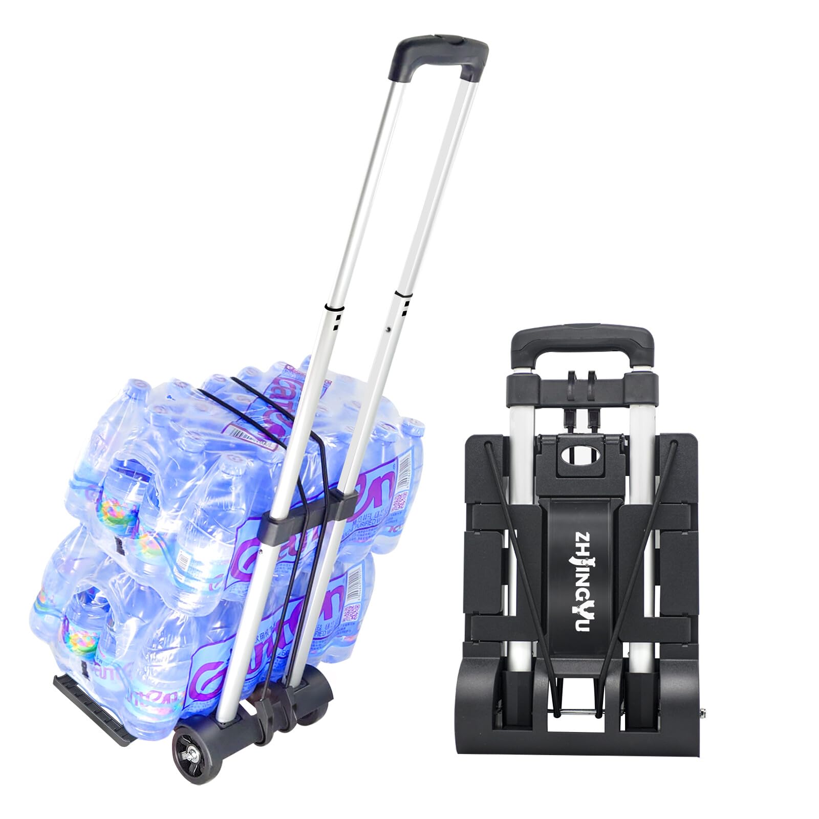 ZHJINGYU Carro Plegable, Capacidad de Carga 70lbs, Trolley Mochila, Carrito portaequipajes, mástil telescópico, Carro de Dos Ruedas con Gran chasis telescópico (Aluminio Plateado)