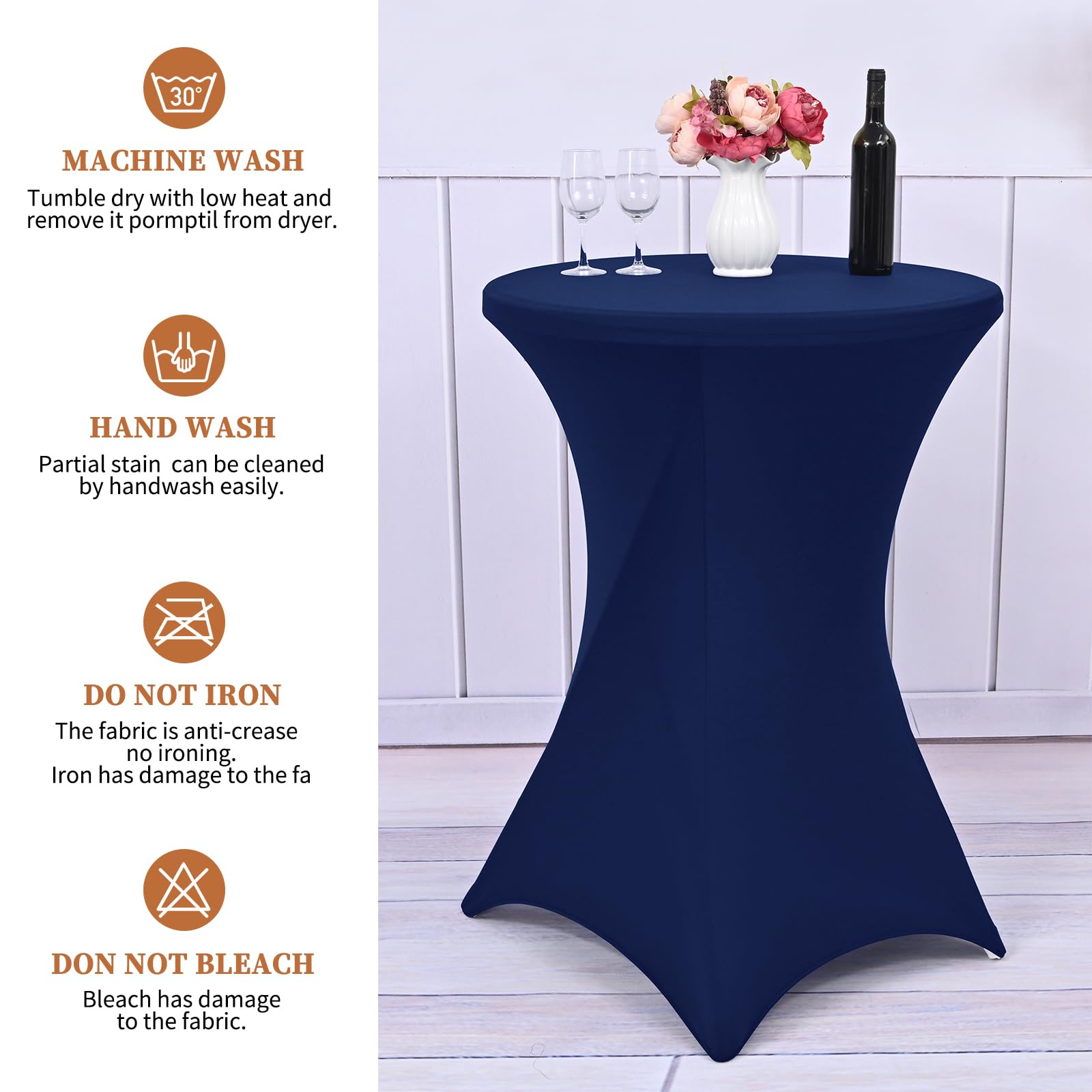 Showgeous Lot de 4 Housse pour Table Haute de Bistrot Ø 80-85 cm,Nappe Cocktail Ronde Blanc, Housse de Table de Cocktail Extensible en Spandex pour Table de Banquet de Cocktail de Mariage(Bleu Marine)