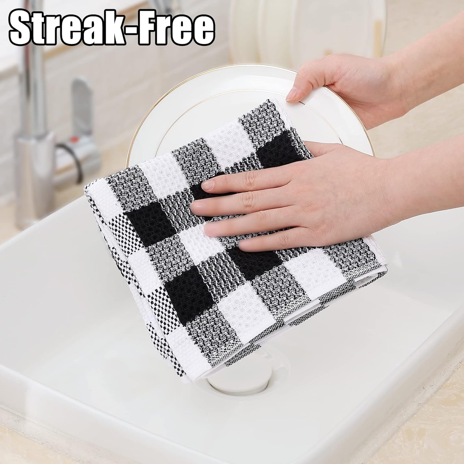 homing Buffalo Plaid Kitchen Towels and Dishcloths Set, 12" x 12" and 13" x 28", Set of 8 Bulk Cotton Waffle Weave Dish Towels, Super Soft Absorbent Hand Towels for Kitchen, Black & White - Image 4