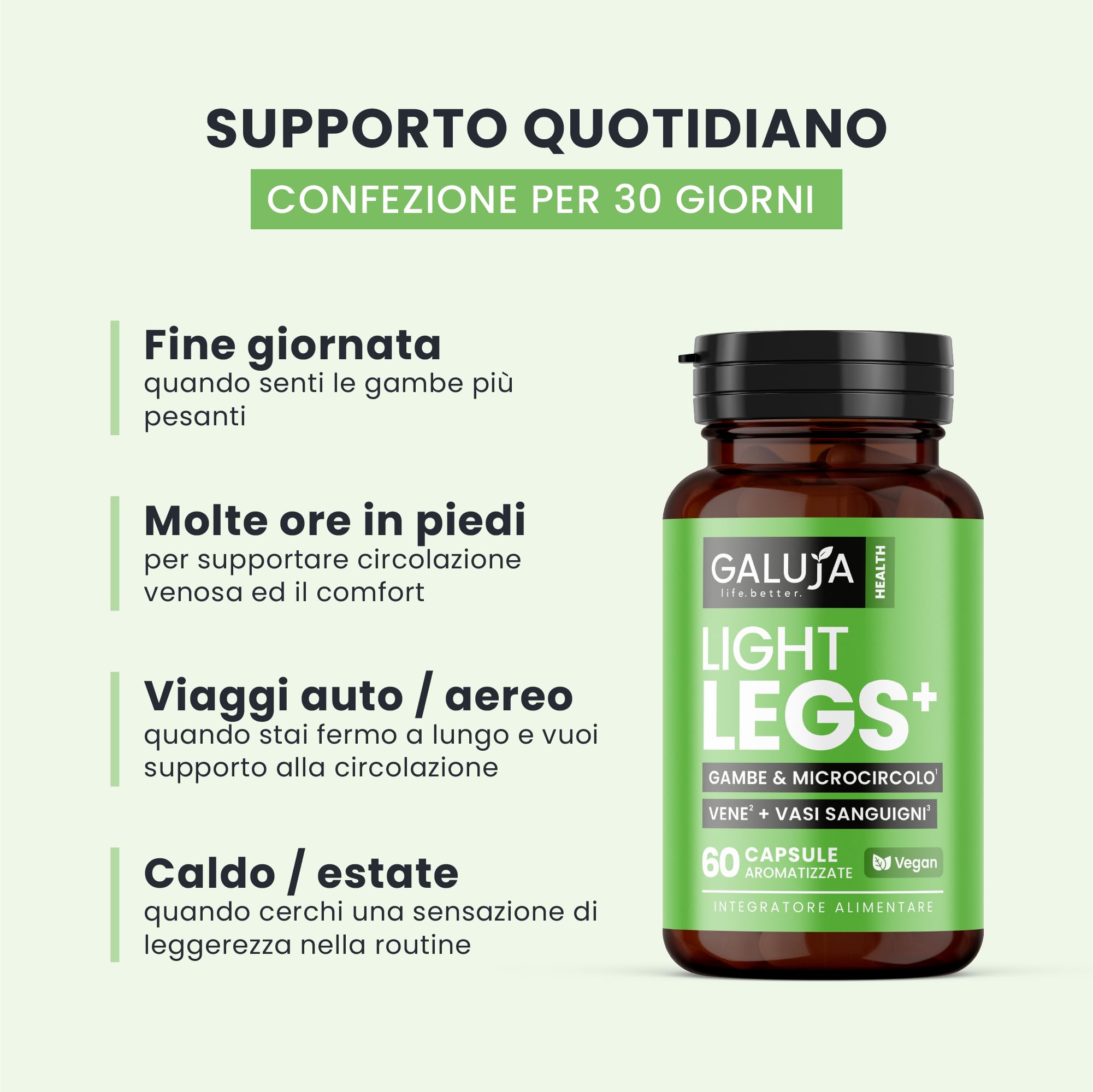 Light Legs+ - Integratore Gambe Leggere & Microcircolo - Proantocianidine 342 mg - 30 giorni (60 caps) - Vegan, senza glutine e lattosio, aroma pesca - Rusco, Ippocastano, Mirtillo