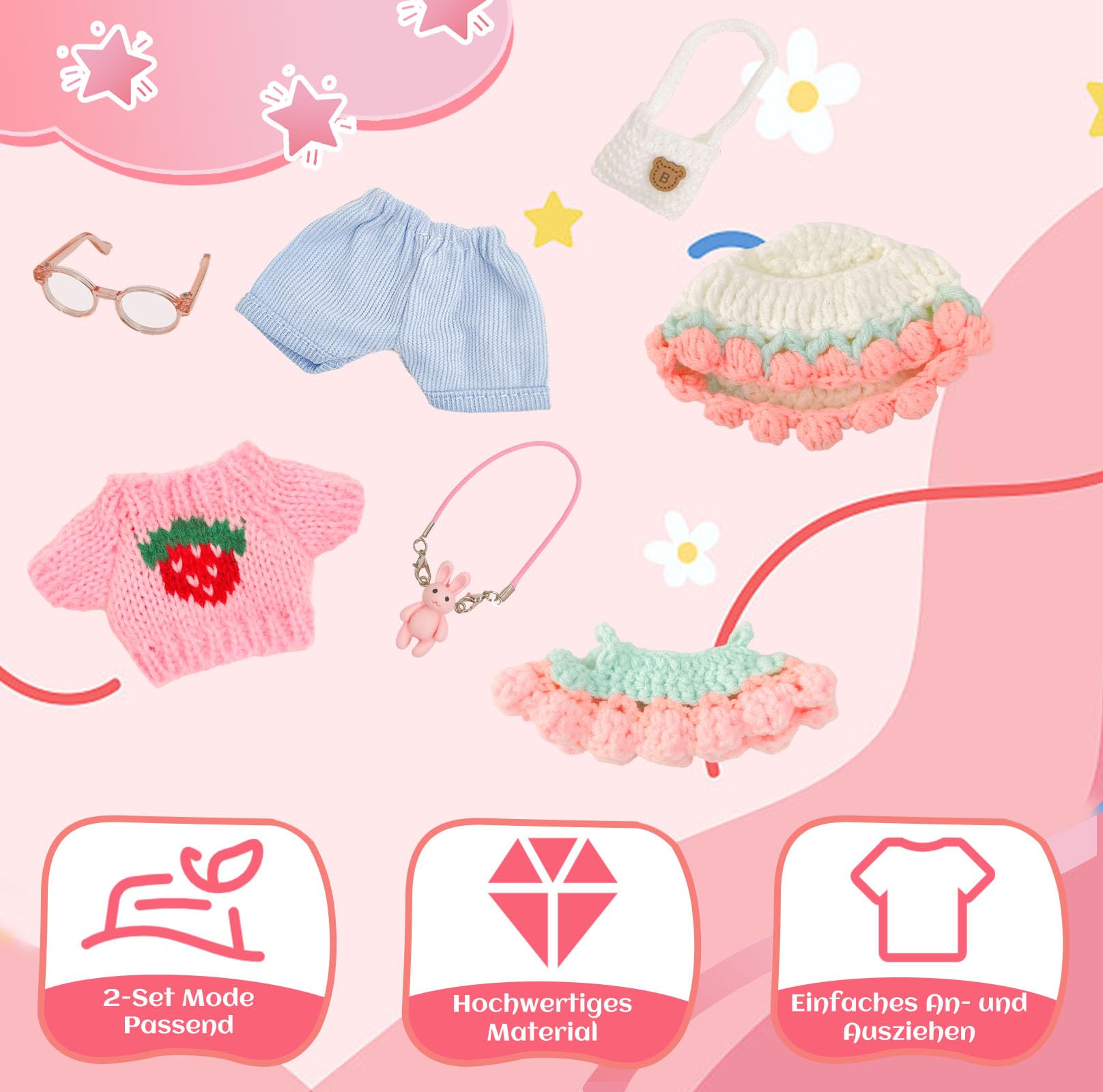 2 Sets Sweet Doll Clothes for 17cm Dolls, Pink Knitted Dress+Hat+Sweater+Pants+Glasses+Bag - Image 3