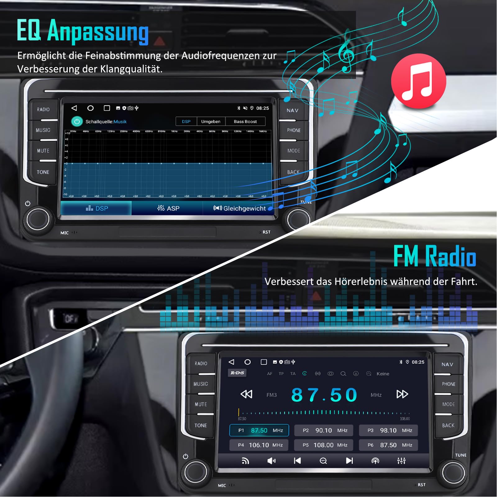 2 DIN Autoradio für VW Golf 5 6 Passat Seat Touran Skoda, Wireless CarPlay & Android Auto, GPS Navi, DAB+, Lenkradsteuerung, Physischer Lautstärkeregler, EQ, MirrorLink