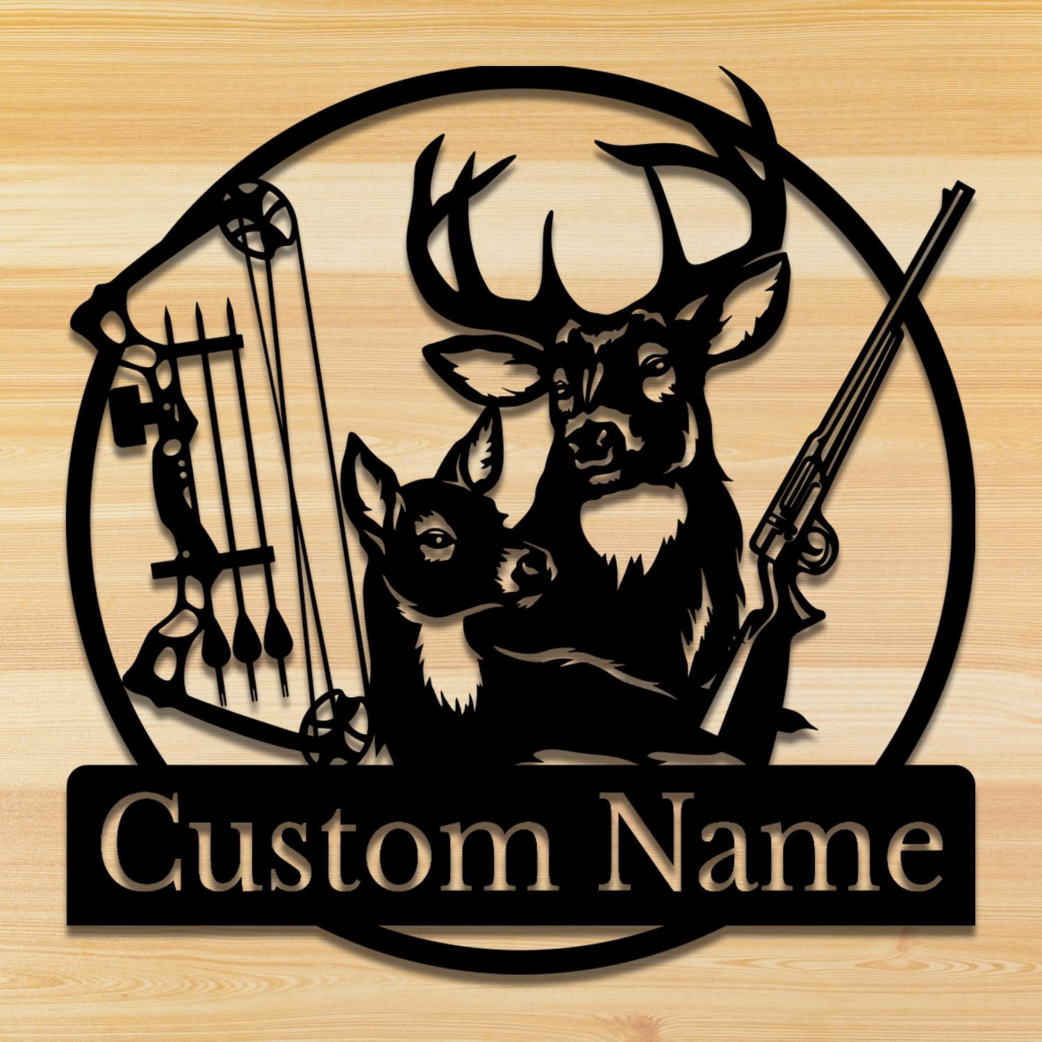 Senyer Personalized Deer Head Metal Wall Art,Personalized Deer Head and Gun Metal Wall Art,Custom Last Name Signs for Home (Style-2)