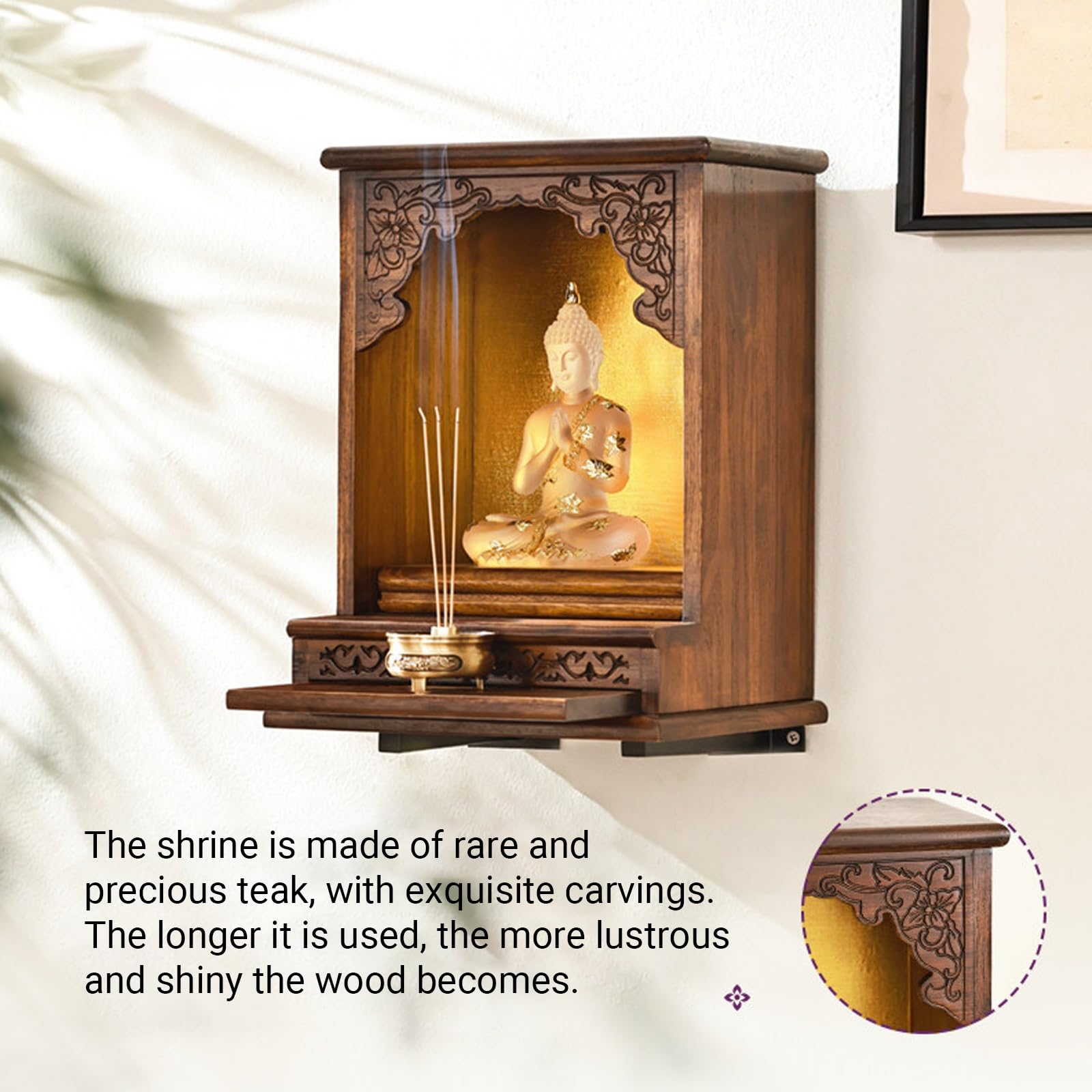 Mobile da altare for santuario buddista in legno di teak montato a parete con cassetto e luce(Desktop)