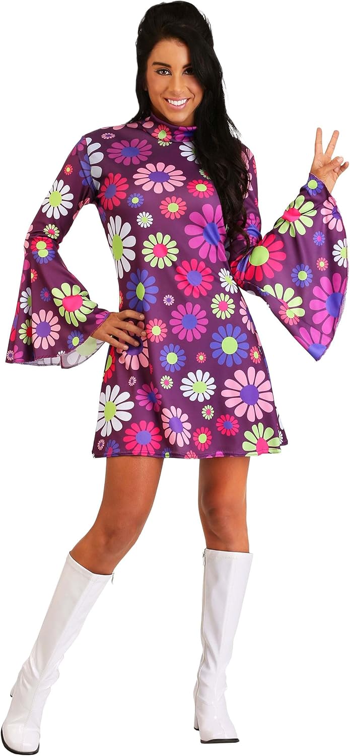 Flower Power Groovy Costume for Women, Retro 60s 70s Hippie Outfit, Disco Dress for Dress-Up & Halloween - Image 2
