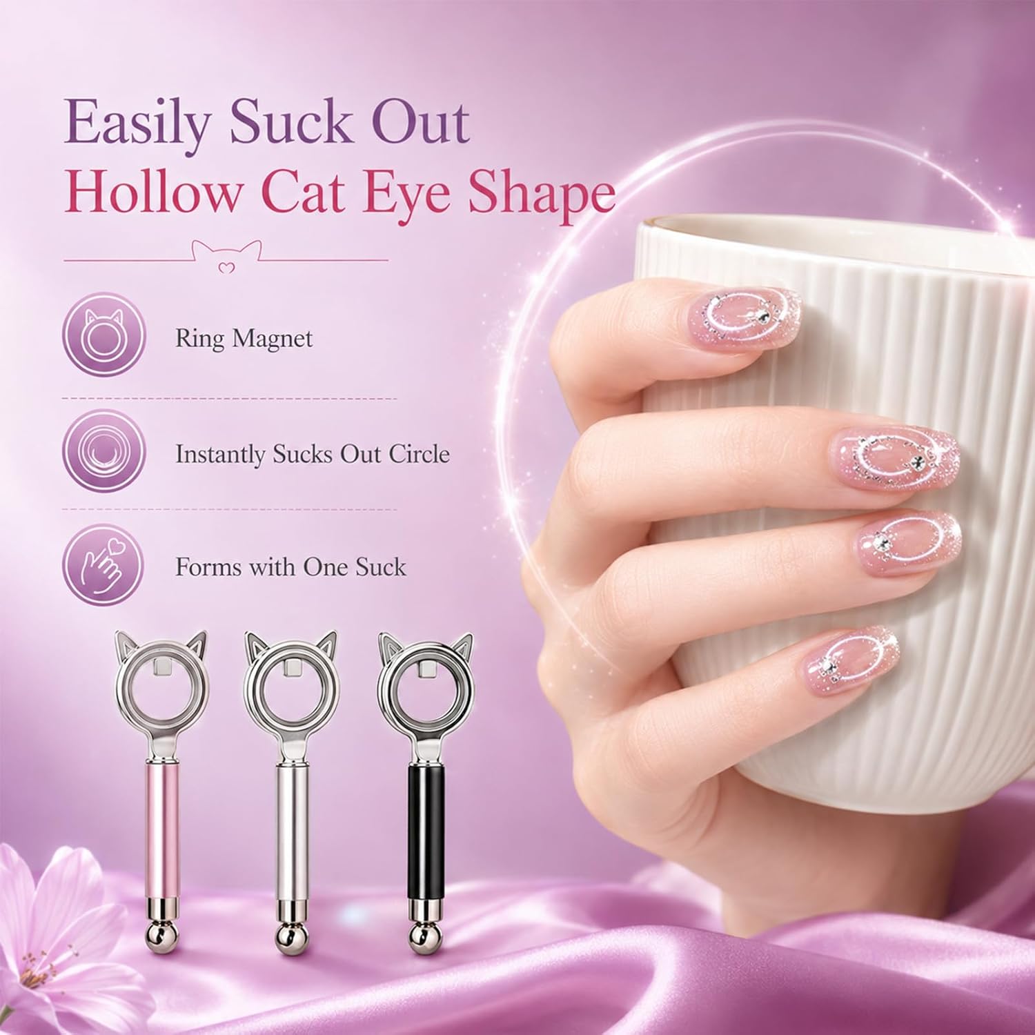 3Pack Ring-Shaped Cat Eye Magnet for Nails, 3-in-1 Strong Nail Magnet Tool for Catye Gel Polish, Portable Hollow Circular Cat Eye for Home DIY, Beginners & Nail Artists, Wide Beam French Heart Effect