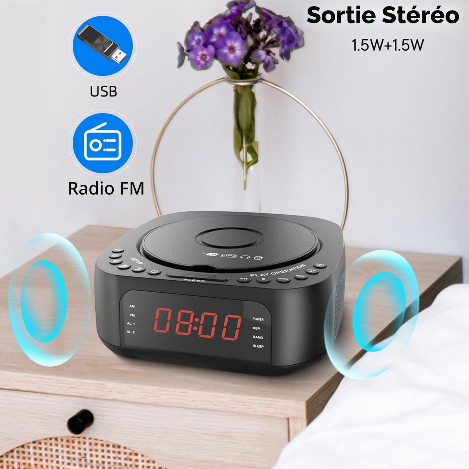 Zunate Lecteur CD Audio, Lecteur de Musique CD Portable avec Réveil, Chargement USB, Affichage à intensité Variable, Radio Bluetooth de Bureau avec Haut-Parleur, Télécommande pour (Prise UE)