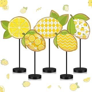 Yousoontic 5 Pcs Summer Lemon Table Decor Yellow Lemon Wooden Sign Summer Lemons Centerpiece for Table Rustic Standing Block for Home Kitchen Dining Room Mantel Tiered Tray Decor