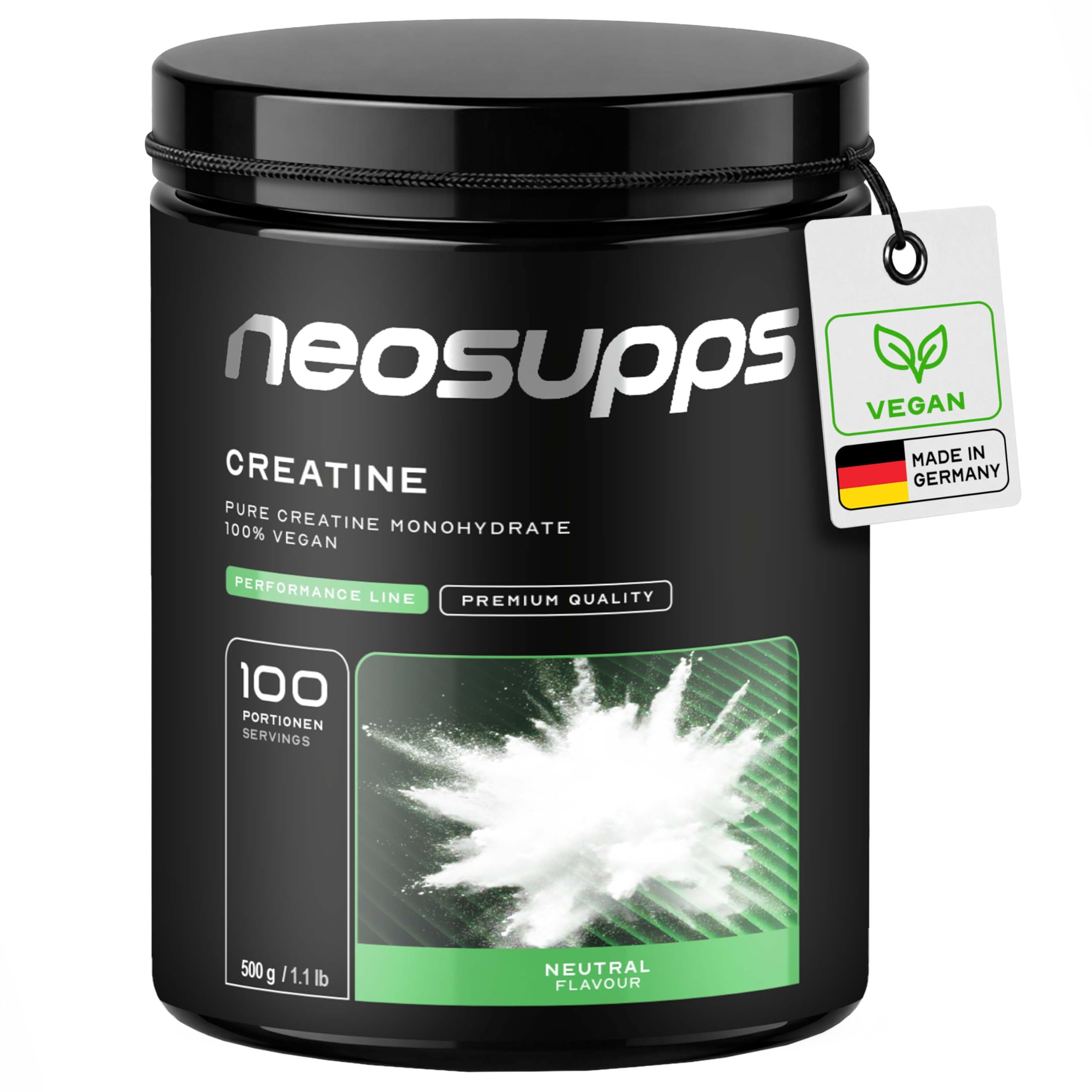 Neosupps Creatin Monohydrate 500g, 100 % reines Creatine Monohydrat, vegan, ohne Zusatzstoffe, Geschmacksneutrales Kreatin Pulver, ideal für Schnellkrafttraining & körperliche Leistung im Sport