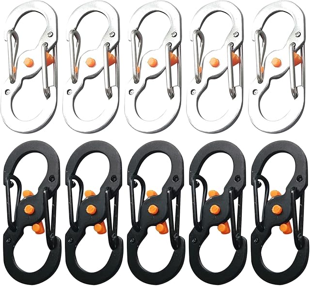 Cdemiy S Carabiner Clip, 10 PCS Mini Stainless Steel Carabiner, S Shape Keychain Hook Clip with Lock, for Small Backpacks Keys or Dog Tags for Home Outdoor Hiking Fishing Camping Travel