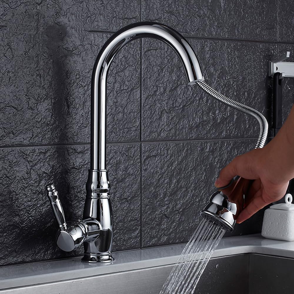 Pull Out Kitchen Mixer Faucet Brass Rotary Dual Mode Pull Out Kitchen Faucet-Chrome