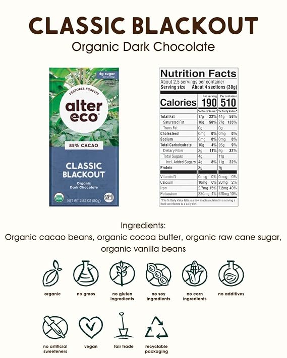 Alter Eco | Classic Blackout | 85% Pure Dark Cocoa, Fair Trade, Organic, Non-GMO, Gluten Free Dark Chocolate Bar, 12 Bars