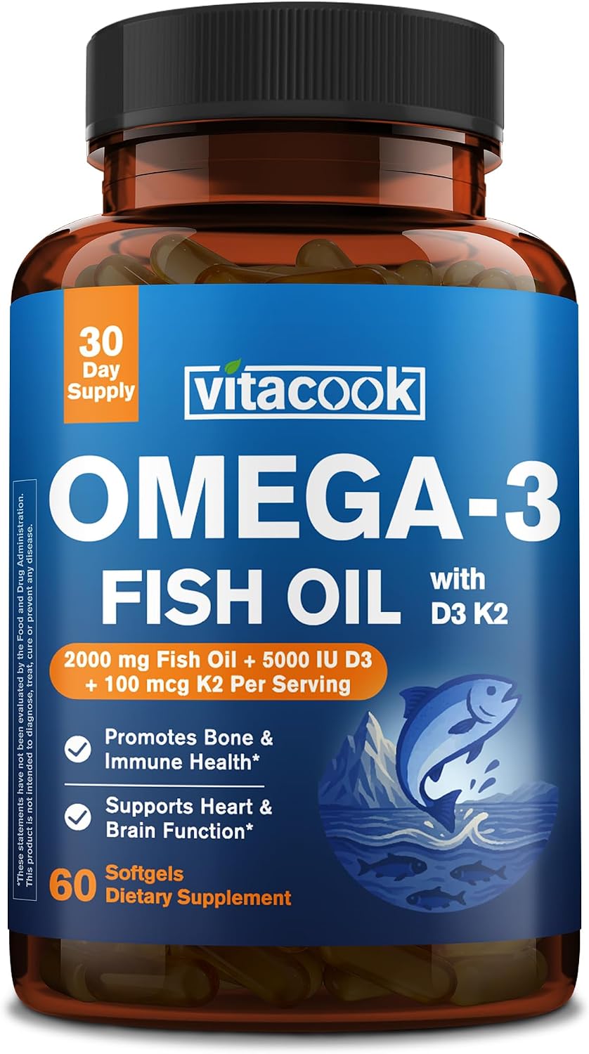 Omega 3 Fish Oil 2000mg, with Vitamins D3 & K2 (MK-7), Omega 3 Fatty Acid Supplements 1100mg, EPA, DHA, from Fresh, Wild-Caught Fish, Bone, Heart, Brain & Immune Health Support, 60 Softgels