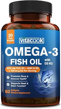Omega 3 Fish Oil 2000mg, with Vitamins D3 & K2 MK-7, Omega 3 Fatty Acid Supplements 1100mg, EPA, DHA, from Fresh, Wild-Caught Fish, Bone, Heart, Brain & Immune Health Support, 60 Softgels | Omega 3 Fatty Acid Supplements 1100mg, EPA, DHA, from Fresh, Wild-Caught Fish, Bone, Heart, Brain & Immune Health Support
