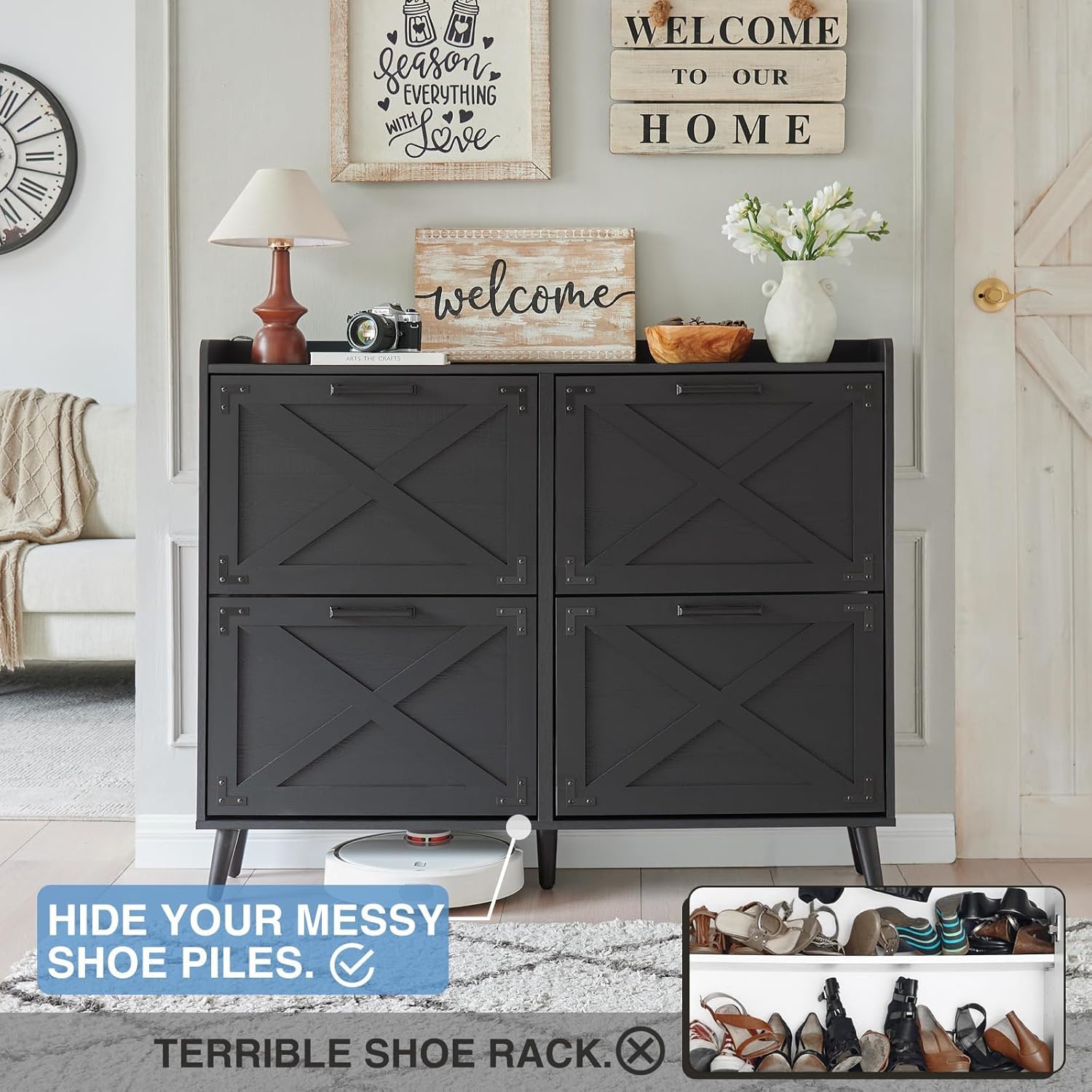Shoe cabinet with flip drawers open, showing shoes stored inside