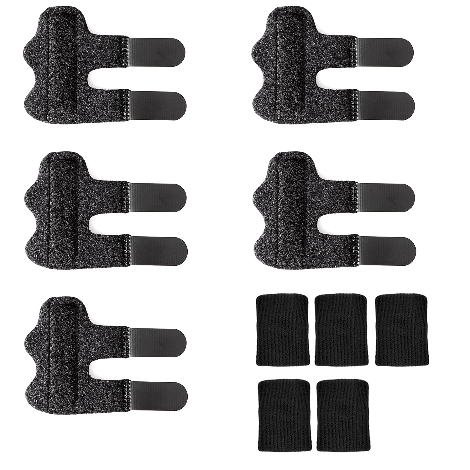 Finger Splint- Set of 5 Finger Splints With 5 Nylon Sleeves for Trigger Finger Relief, Trigger Finger Finger Brace with Built-in Aluminium Support for for Finger Tendon Release Pain Relief (Black)