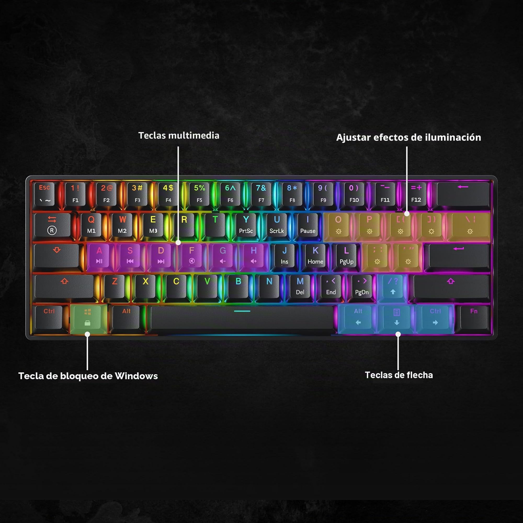 GK61s, Teclado mecánico para gaming, 61 teclas multicolor RGB, con retroiluminación LED, con cable, programable, para jugadores en PC y Mac