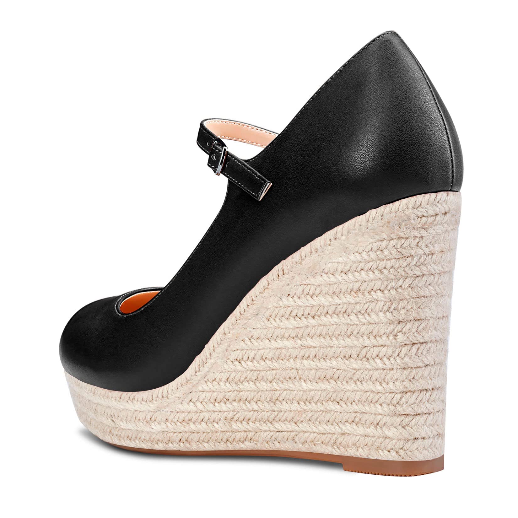 Aachcol Mujer cuña Esparto Plataforma Pumps Redonda Punta Mary Jane Correa Tobillo Chunky Ancho Alto High Heel Dress Zapatos Pumps de Boda Matte 10 CM