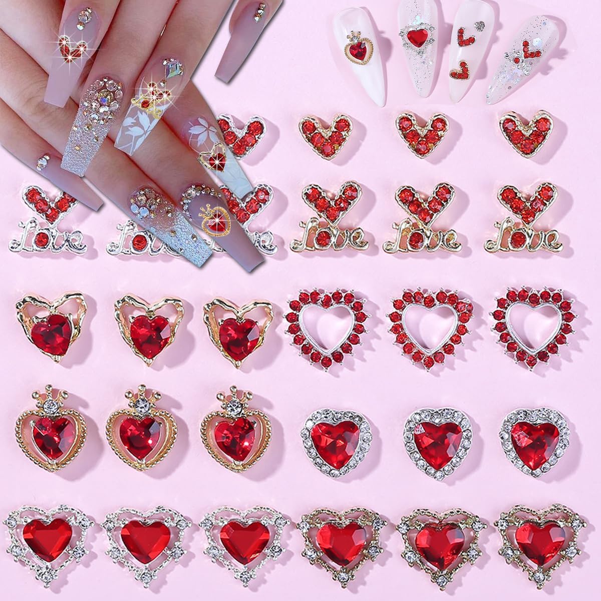 30 Pcs Valentine’s Day Nail Charms 3D Alloy Nail Art Charms 3D New Heart Love Shape Red Valentine's Day Gems Design for Manicure Craft DIY Diamond Nail Rhinestone Manicure Accessories image 5