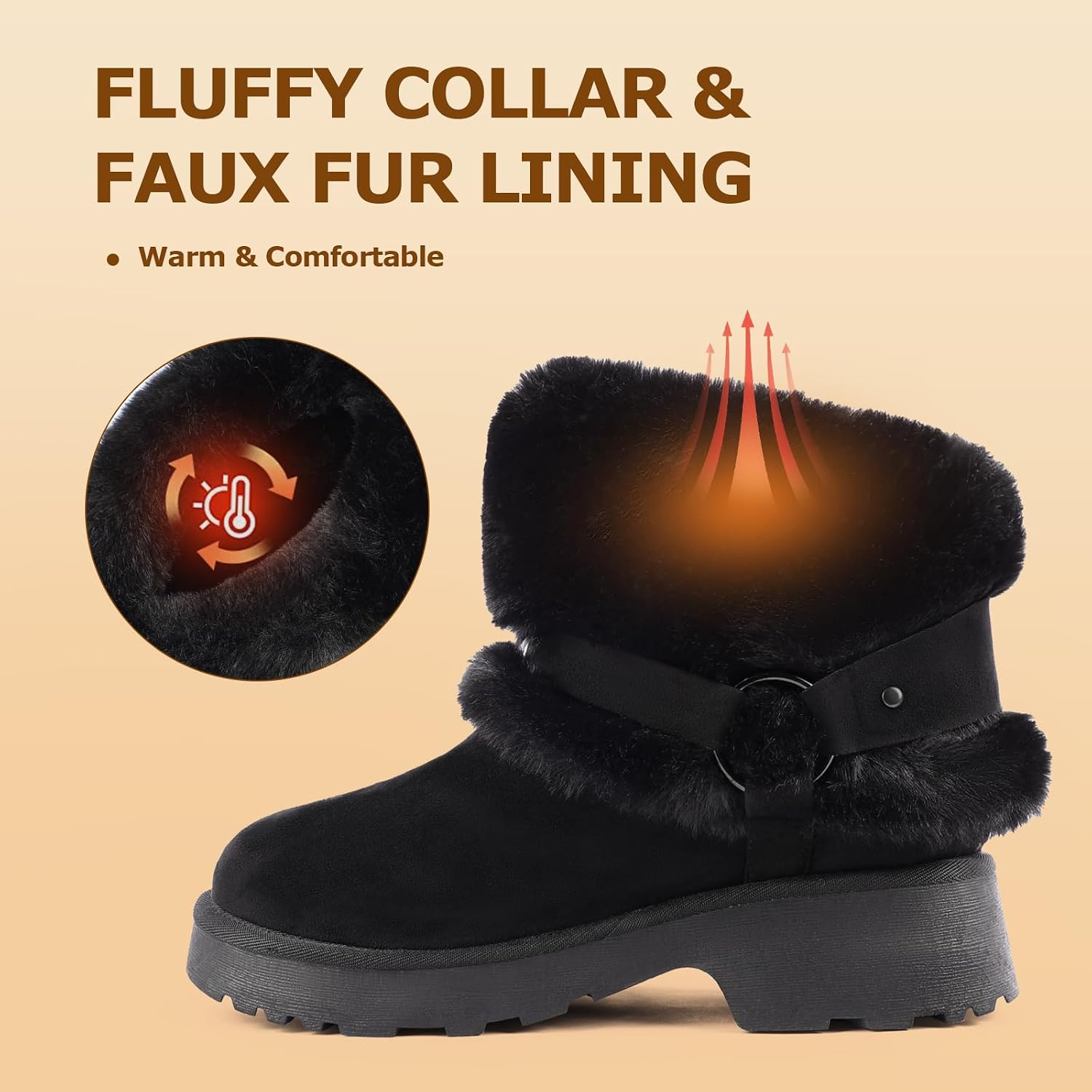 Furry Winter Boots for Women Block Heels Platform Buckle Slip On