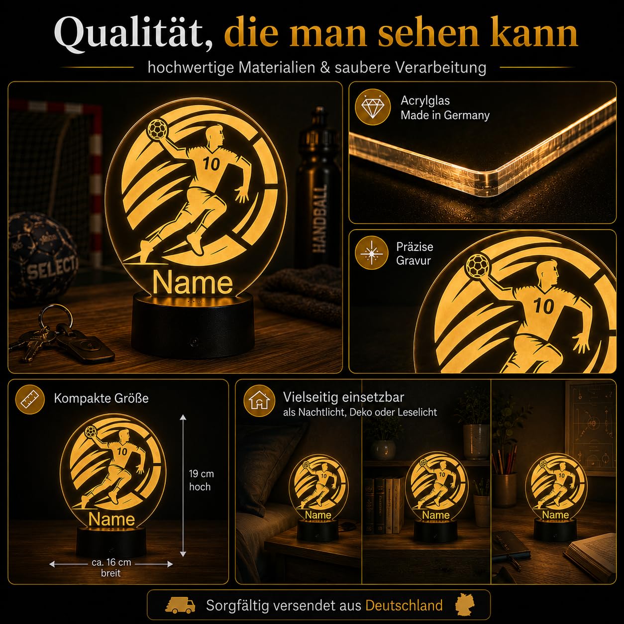 Personalisierte Handball Lampe – LED Nachtlicht mit Name – Geschenkidee für Handball Spieler, Trainer & Fans – dimmbare Tischlampe mit Fernbedienung – originelle Sport Deko fürs Kinderzimmer & Zuhause