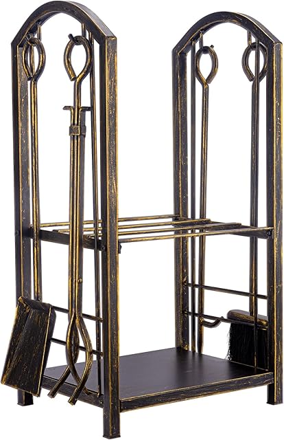 Amagabeli Fireplace Firewood Log Rack with Tool Sets Indoor Wood Holders Fireplace Outdoor Lumber Storage Stacking Stove Wrought Iron Large Logs Bin Fireside Fire Pit Tongs Accessories Vintage Bronze