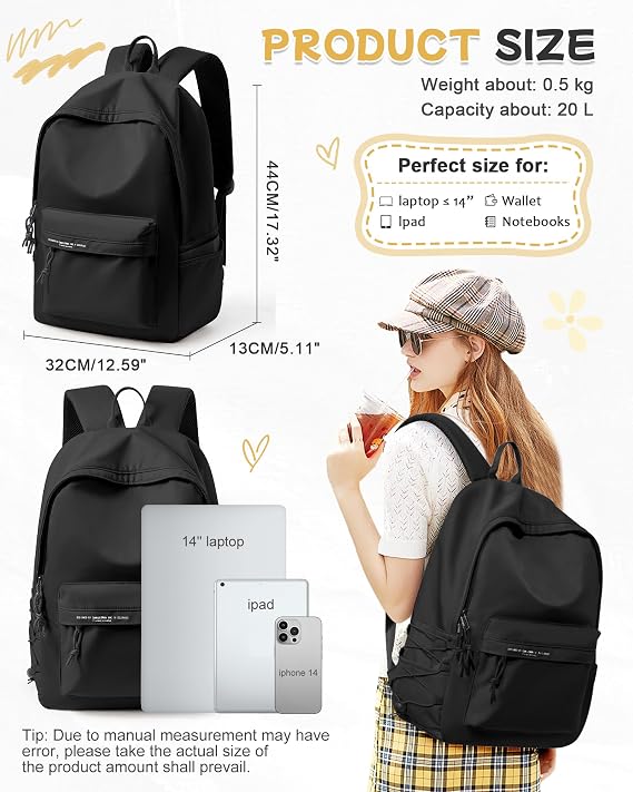 BJLFS Small Black School Backpack for Men Women, Waterproof Book Bag