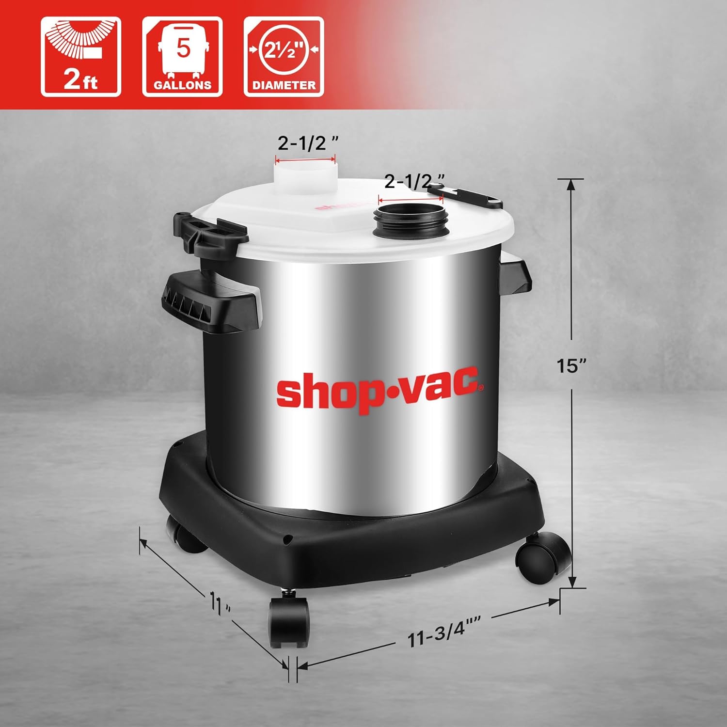 Shop-Vac Dust Collector with 5 Gallon Stainless Steel Tank, Movable Bucket for Woodworking, Easy Disposal of Dust & Debris, Prolong Filters Life, Elbow Fittings, 2-1/2" Hose and Filter Included