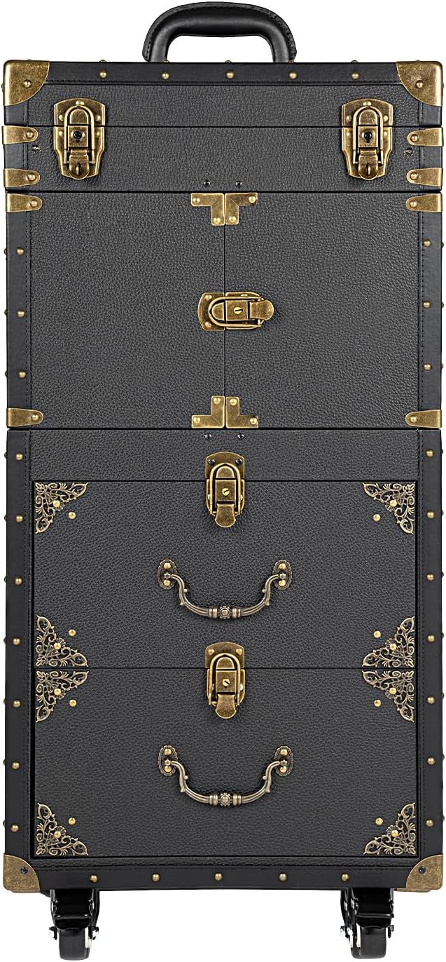 Rolling Lockable Makeup Train Case, Large Capacity Cosmetic Trolley with Swivel Wheels Salon Barber Case Traveling Cart Trunk, with Hair Dryer Holder for Barber Stores