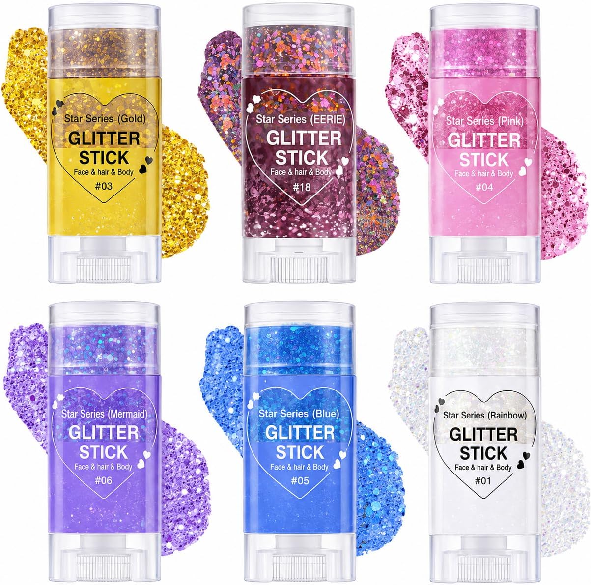 Body Glitter Sticker, 6 Pack Glitter Sticks for Face, Body & Hair, Shimmery Makeup Glitter for Festival, Party, Concert, Halloween & Cosplay