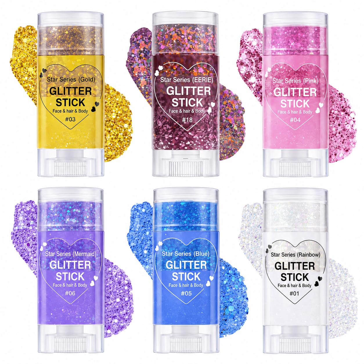 Body Glitter Sticker, 6 Pack Glitter Sticks for Face, Body & Hair, Shimmery Makeup Glitter for Festival, Party, Concert, Halloween & Cosplay