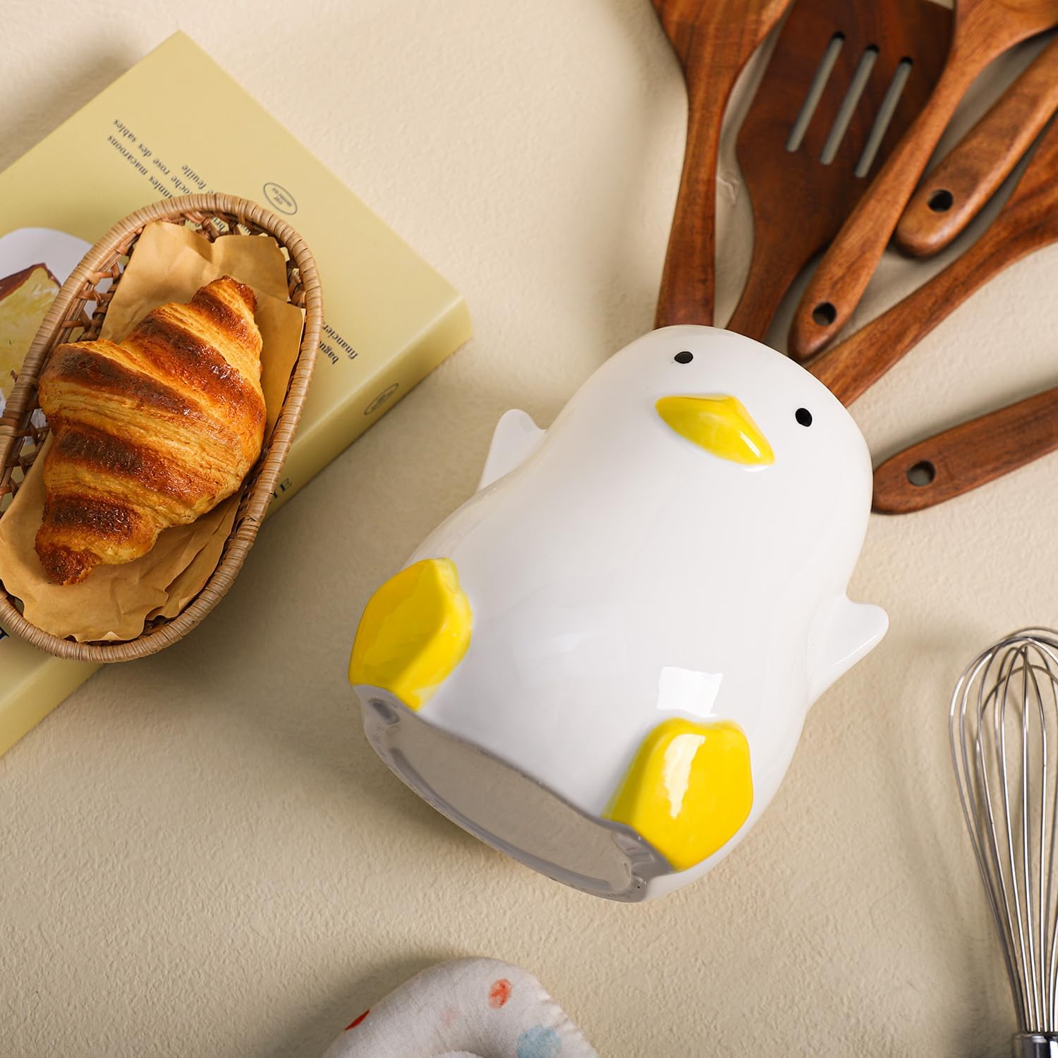 WAIT FLY Duck Shaped Porcelain Kitchen Utensil Holder Flatware Storage Organizer Utensil Crock for Countertop Kitchen Counter Decor