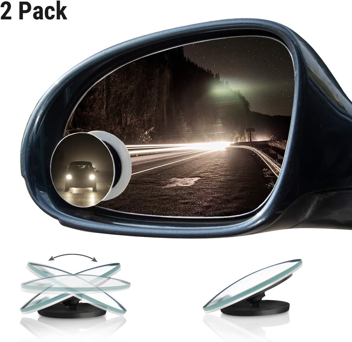 Wellcoda Car Blind Spot Mirrors - 3 Shapes Available, Universal Fit, 360 Degree Rear Panoramic Driver Safety View, Frameless Self-Adhesive Waterproof Auto Accessory (Pack of 2, Round Shape)