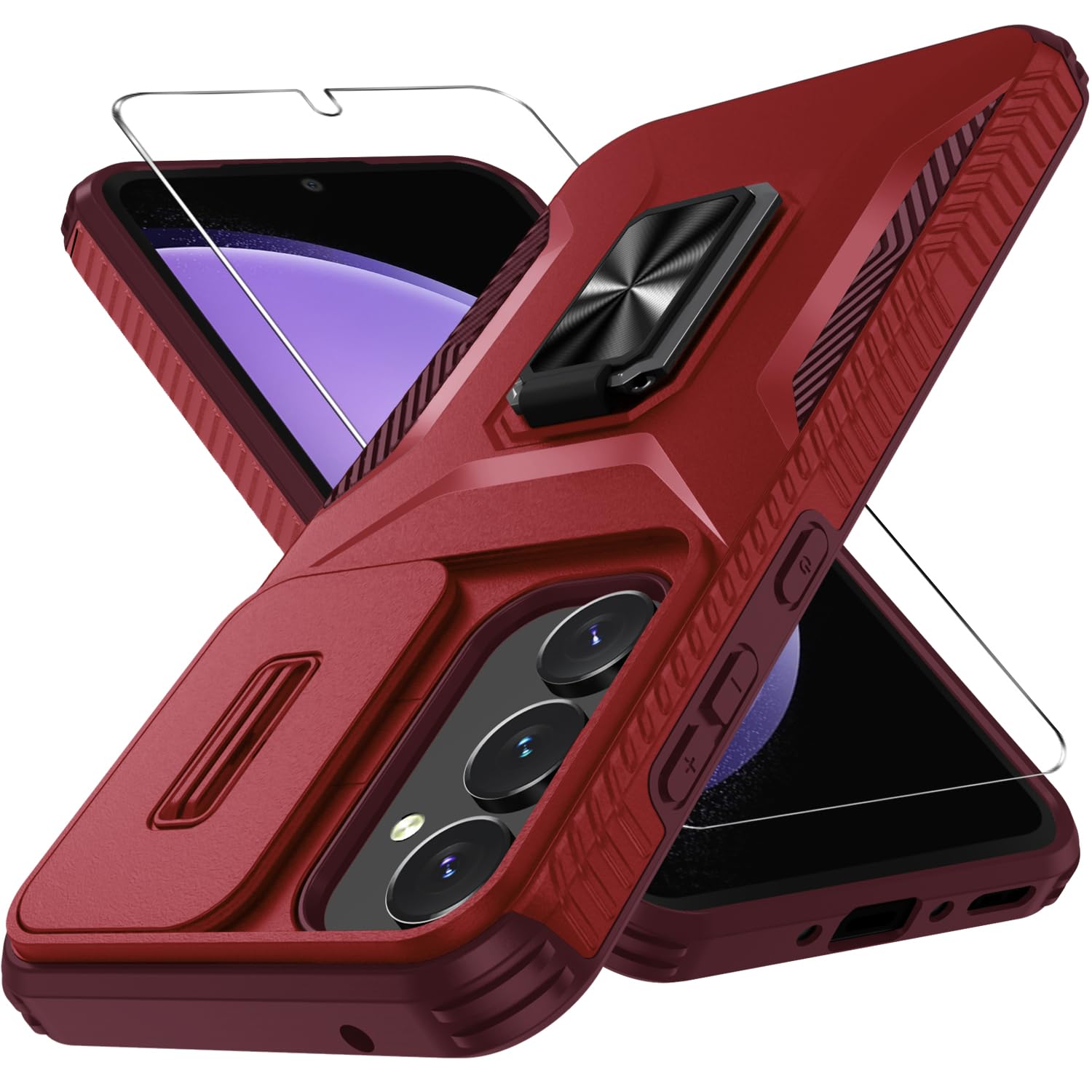 for Samsung Galaxy A35 5G Case with Tempered Glass Screen Protector and Camera Lens Cover,Rotated Ring Stable Kickstand,Heavy Duty Shockproof Protective Phone Cover-Red
